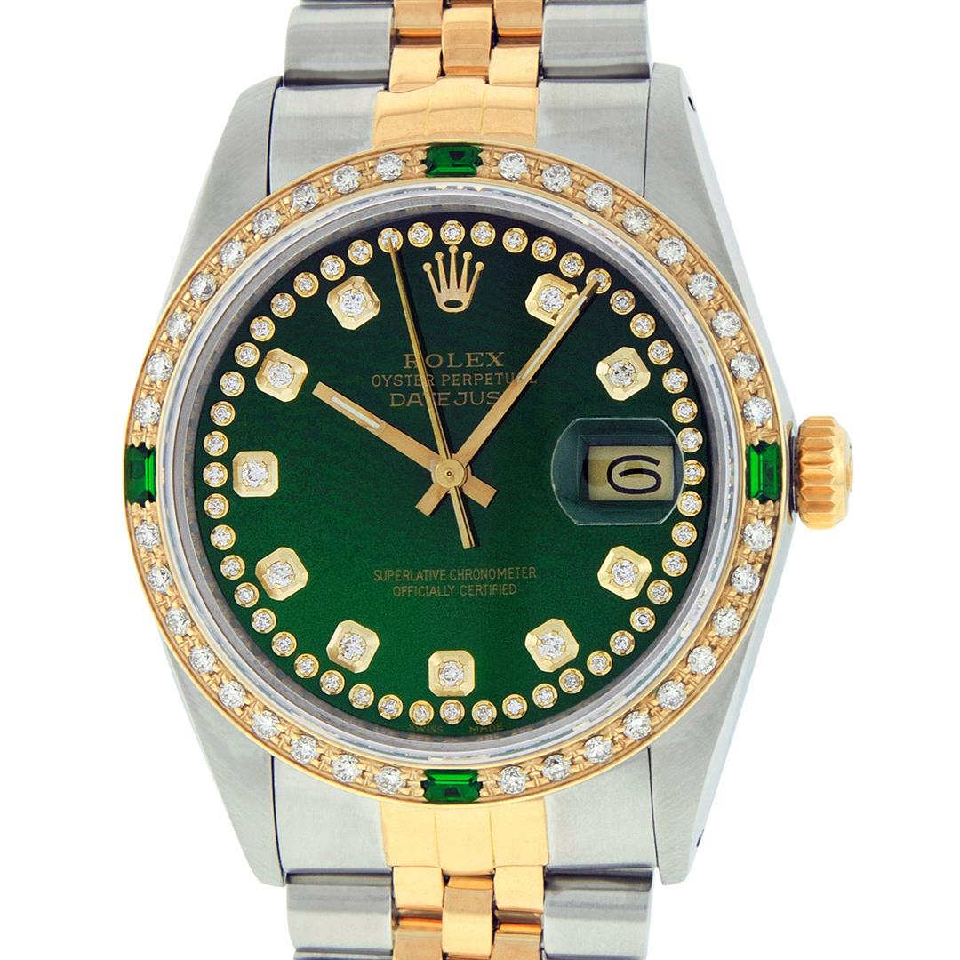 Rolex Mens 2 Tone 14K Green String Diamond & Emerald: One Mens 14K Yellow Gold Two Tone Rolex Datejust Polished, Serviced & Electronically Tested, 14K Yellow Gold & Stainless Steel Case: 36mm, 14K Yellow Gold Crown, Custom Bezel: New 18K Yellow Gold Emer
