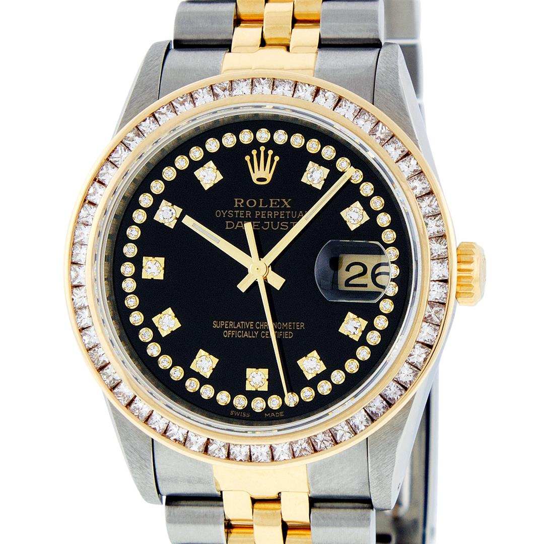 Rolex Mens 2 Tone 14K Black String Princess Cut Diamond: One Mens 14K Yellow Gold Two Tone Rolex Datejust Polished Bright with Satin Finish, Serviced & Electronically Tested, 14K Yellow Gold And Stainless Steel Case: 36mm, 14K Yellow Gold Crown, Custom Beze