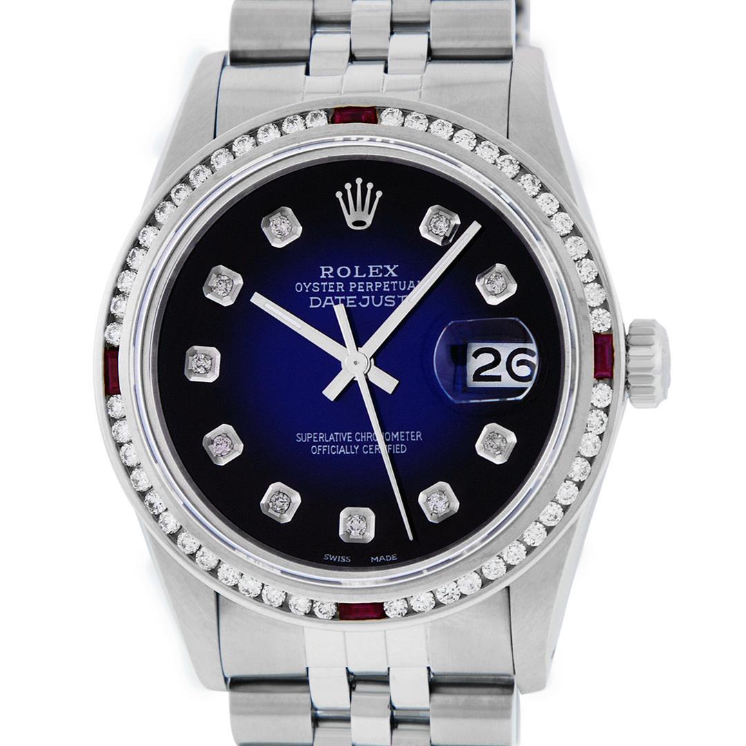 Rolex Mens SS Blue Vignette Diamond & Ruby Channel Set: One Mens Stainless Steel Rolex Datejust Polished Bright with Satin Finish, This Watch Has Been Serviced & Electronically Tested, Stainless Steel Case: 36mm, Stainless Steel Crown, Custom Bezel: New 18
