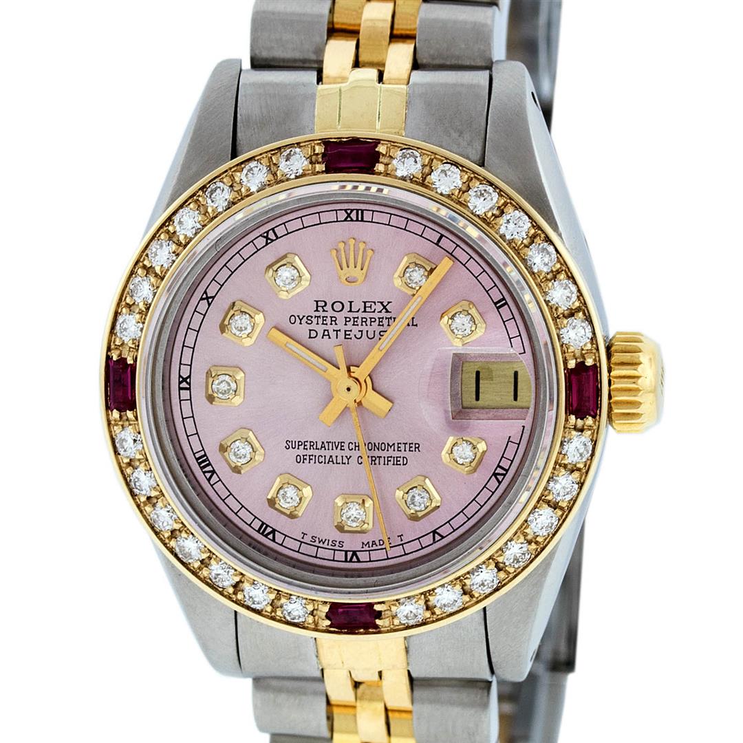 Rolex Ladies 2 Tone 14K Ice Pink Diamond & Ruby: One Ladies 14K Two Tone Rolex Datejust Polished, Serviced & Electronically Tested, 14K Yellow Gold & Stainless Steel Case: 26mm, 14K Yellow Gold Crown, Custom Bezel: New 18K Yellow Gold Ruby Beadset D