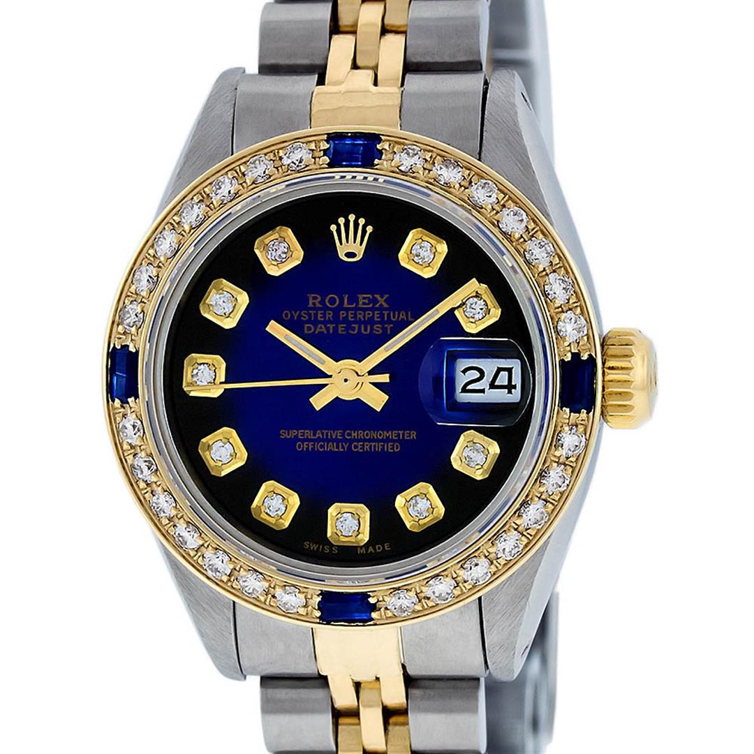 Rolex Ladies 2 Tone Blue Vignette Diamond & Sapphire: One Ladies 14K Two Tone Rolex Datejust Polished, Serviced & Electronically Tested, 14K Yellow Gold & Stainless Steel Case: 26mm, 14K Yellow Gold Crown, Custom Bezel: New 18K Yellow Gold Sapphire Beads