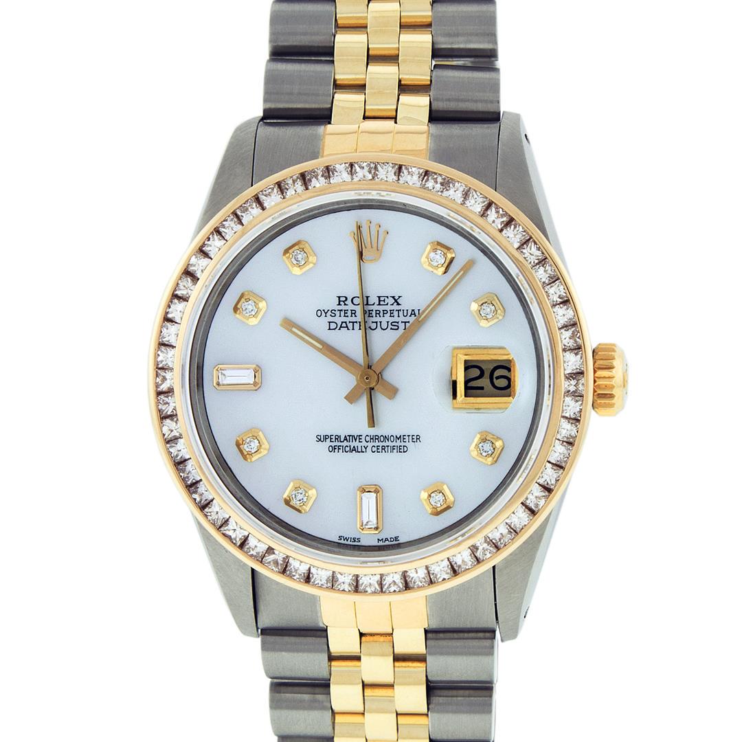 Rolex Mens 2 Tone 14K MOP Princess Cut Diamond Datejust: One Mens 14K Yellow Gold Two Tone Rolex Datejust Polished Bright with Satin Finish, Serviced & Electronically Tested, 14K Yellow Gold And Stainless Steel Case: 36mm, 14K Yellow Gold Crown, Custom Beze