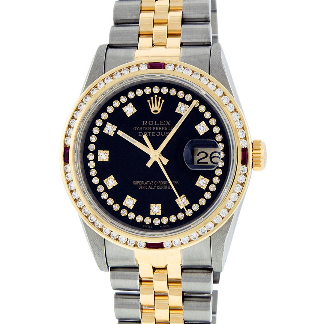 Rolex Mens 2 Tone 14K Black String Diamond & Ruby: One Mens 14K Yellow Gold Two Tone Rolex Datejust Polished, Serviced & Electronically Tested, 14K Yellow Gold & Stainless Steel Case: 36mm, 14K Yellow Gold Crown, Custom Bezel: 18K Yellow Gold Ruby Cha