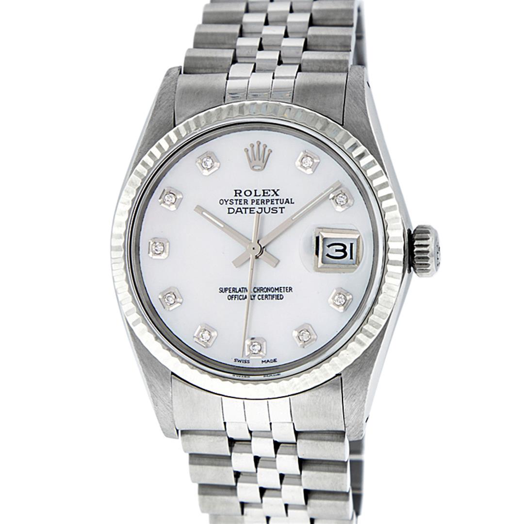 Rolex Mens Stainless Mother Of Pearl Diamond 36MM: One Mens Stainless Steel Rolex Datejust Polished Bright with Satin Finish, This Watch Has Been Serviced & Electronically Tested, Stainless Steel Case: 36mm, Stainless Steel Crown, Bezel: 14K White Gol