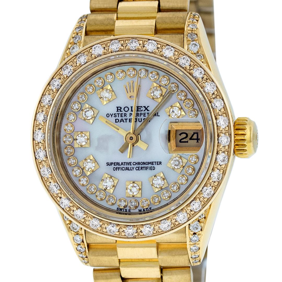 Rolex Ladies 18K Yellow Gold MOP Diamond Lugs President: One Ladies Quickset Rolex 18K Yellow Gold President Polished, Serviced & Electronically Tested, 18K Yellow Gold Case With Custom Diamond Lugs: 26mm G to H In Color, SI1, Yellow Gold Crown, Custom Diam