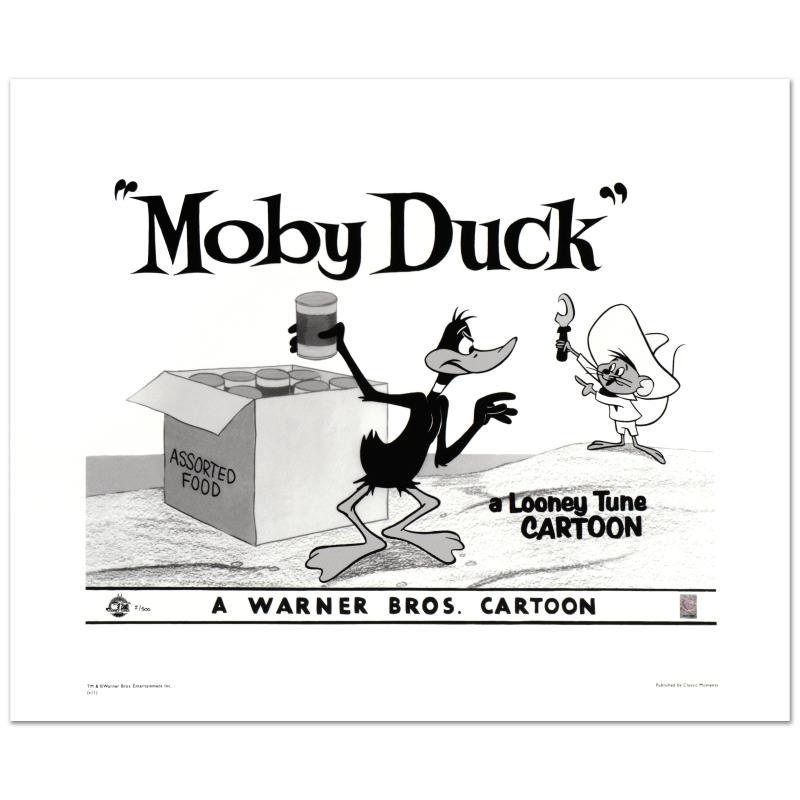 Moby Duck - Daffy Duck & Speedy Gonzales by Looney: "Moby Duck - Daffy Duck & Speedy Gonzales" is a limited edition giclee on paper from Warner Bros., numbered with hologram seal of Authenticity. This image was originally used as a "lobby card" display