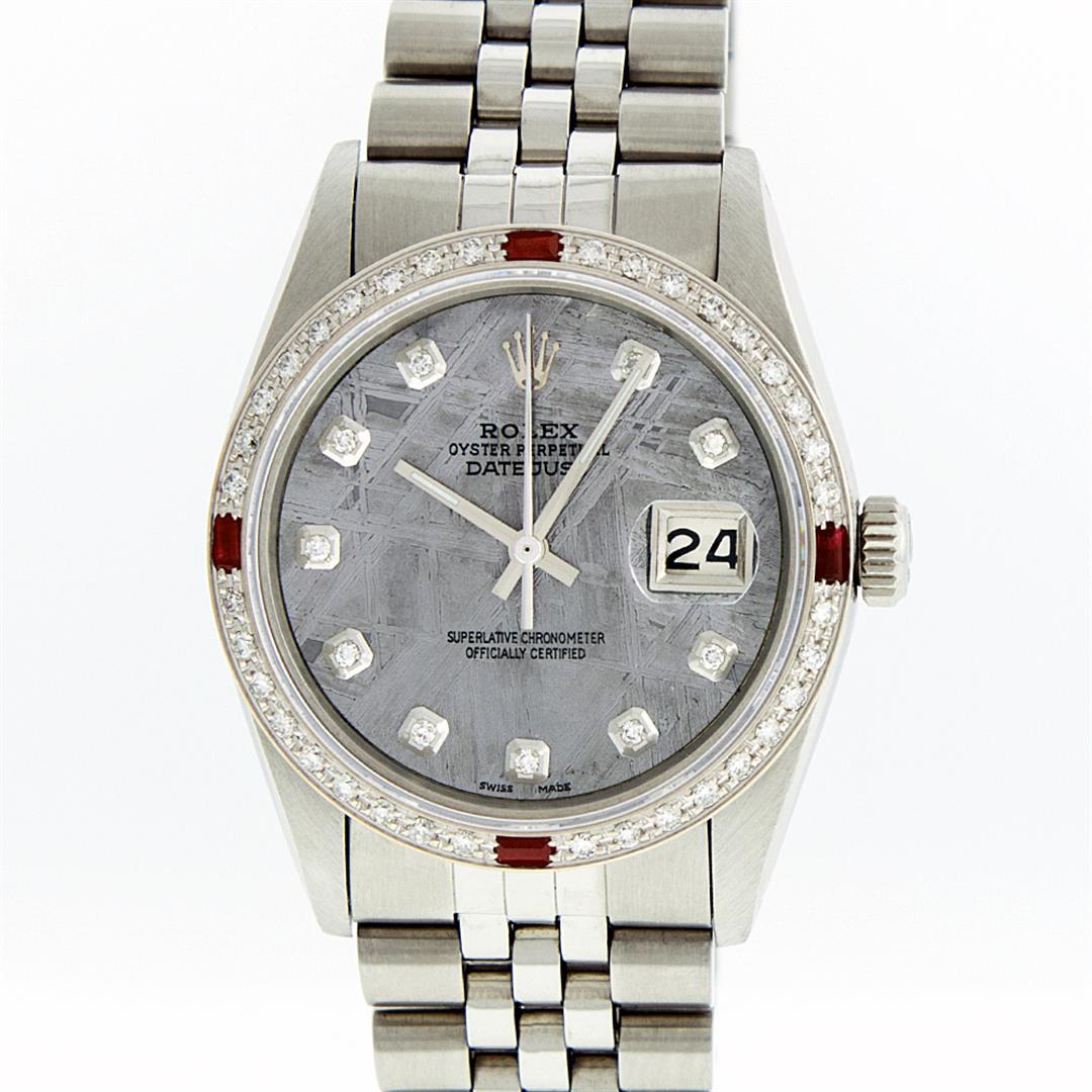 Rolex Mens Stainless Steel Meteorite Diamond And Ruby: One Mens Stainless Steel Rolex Datejust Polished, Serviced & Electronically Tested, Stainless Steel Case: 36mm, Stainless Steel Crown, Custom Bezel: New 18K White Gold Ruby Beadset Diamond Bezel, Diam