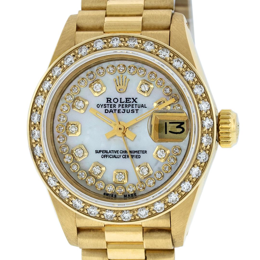 Rolex Ladies 18K Yellow Gold Mother Of Pearl String: One Ladies Rolex 18K Yellow Gold President Polished, Serviced & Electronically Tested, 18K Yellow Gold Case: 26mm, 18K Yellow Gold Crown, Custom Bezel: New 18K Yellow Gold Bead Set Diamond Bezel, Diam