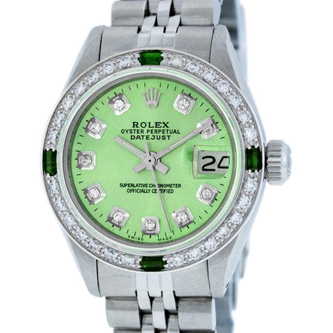 Rolex Ladies Stainless Steel Green Diamond & Emerald: One Ladies Stainless Steel Rolex Datejust Polished Bright with Satin Finish, Serviced & Electronically Tested, Stainless Steel Case: 26mm, Stainless Steel Crown, Custom Bezel: New 18K White Gold Emera