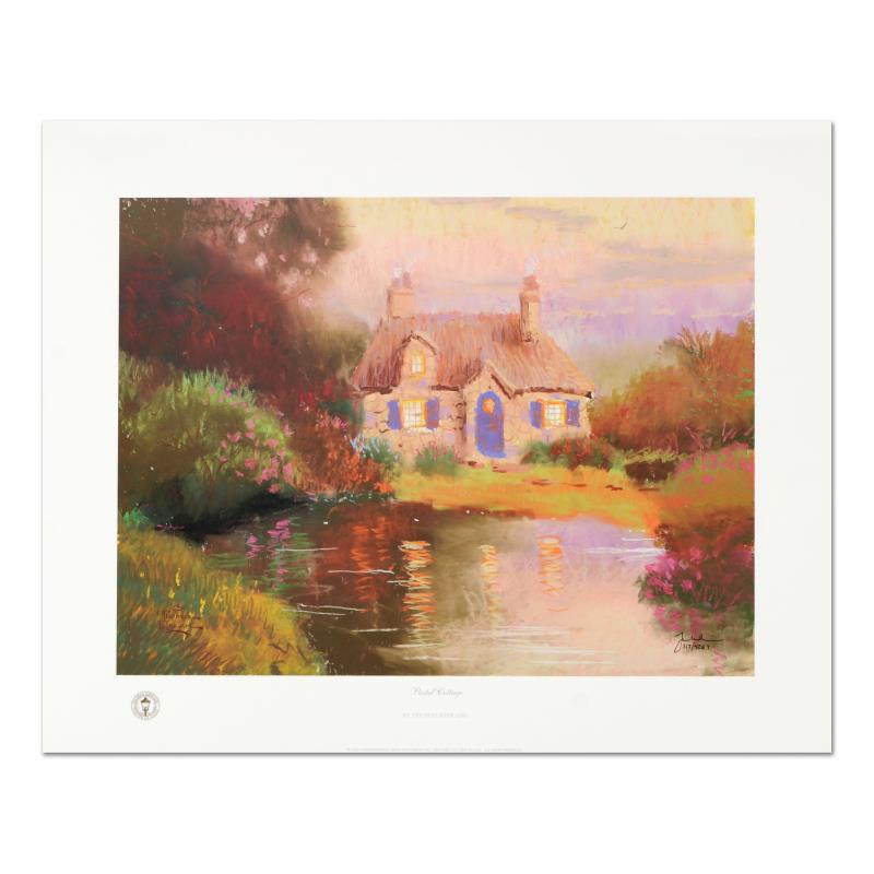 Pastel Cottage by Kinkade (1958-2012): "Pastel Cottage" is an Offset Lithograph on paper by Thomas Kinkade (1958-2012), numbered and bearing Kinkade's authorized signature. Includes Letter of Authenticity from Lighthouse Publishing. Measur