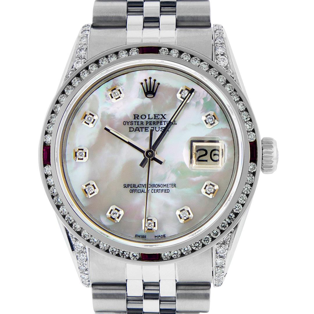 Rolex Mens SS MOP Diamond Lugs & Ruby Channel Set: One Mens Rolex Datejust Polished Bright with Satin Finish, Serviced & Electronically Tested, Stainless Steel Case: 36mm, Custom Diamond Lugs: 28 Diamonds In Lugs, Color: G to H, Clarity: SI-VS. Stainl