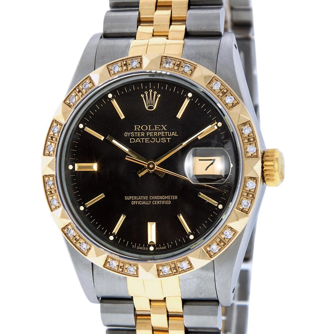 Rolex Mens 2 Tone 14K Black Index Pyramid Diamond Bezel: One Mens 14K Yellow Gold Rolex Datejust Polished Bright with Satin Finish, Serviced & Electronically Tested, Stainless Steel Case: 36mm, Yellow Gold Crown, Custom Bezel: New 18K Yellow Gold Pyramid Di