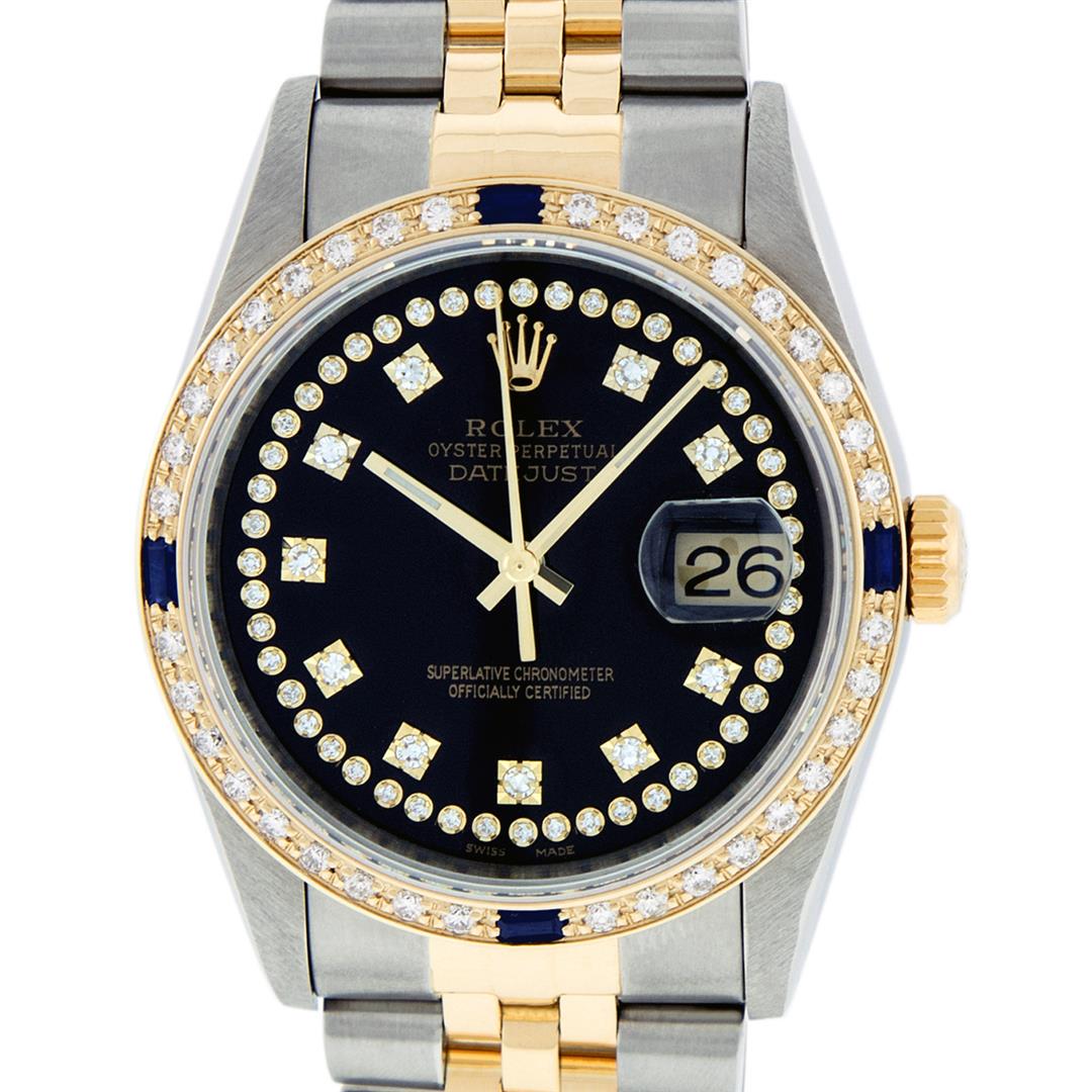 Rolex Mens 2 Tone 14K Black String Diamond & Sapphire: One Mens 14K Yellow Gold Two Tone Rolex Datejust Polished, Serviced & Electronically Tested, 14K Yellow Gold & Stainless Steel Case: 36mm, 14K Yellow Gold Crown, Custom Bezel: 18K Yellow Gold Sapphire