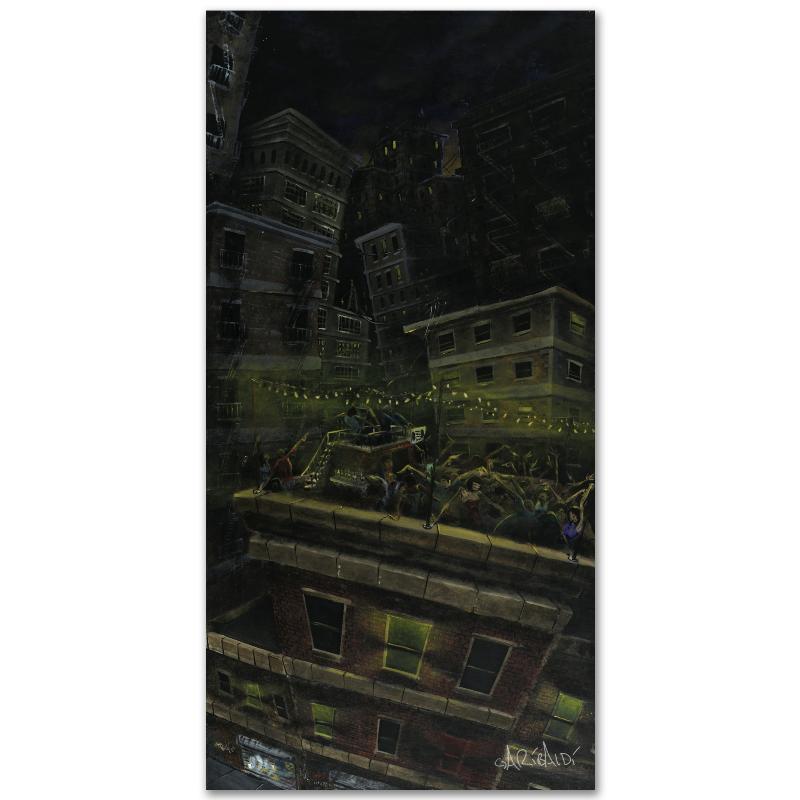 Roof Party by Garibaldi, David: Combining his passions for music and art, David Garibaldi creates visual poetry. "Roof Party" is a limited edition giclee on stretched canvas, E numbered and bearing the artist's authorized signature.