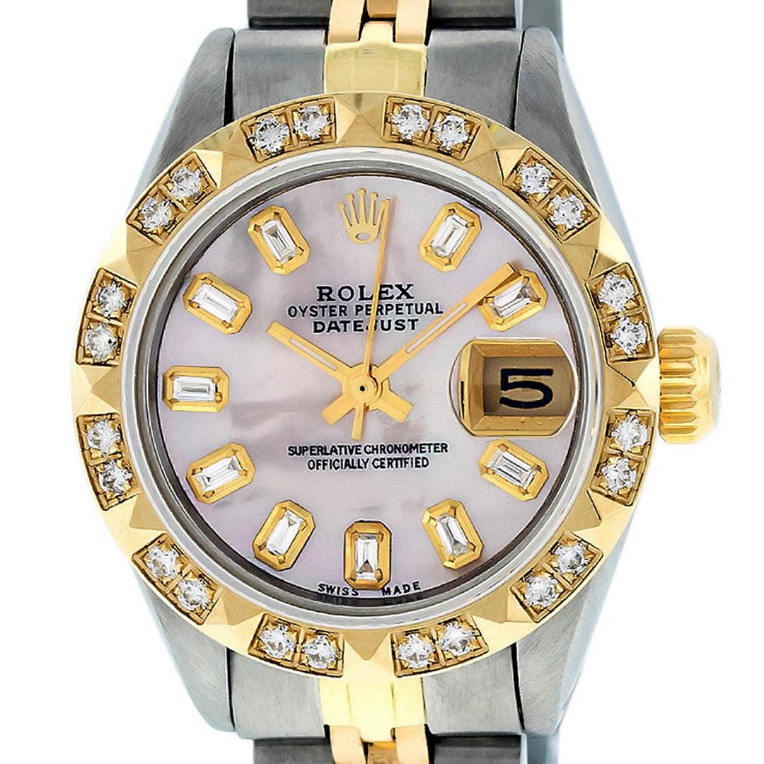 Rolex Ladies 2 Tone 14K Pink Mother Of Pearl Pyramid: One Ladies 14 Two Tone Rolex Datejust Polished, Serviced & Electronically Tested, 14K Yellow Gold & Stainless Steel Case: 26mm, 14K Yellow Gold Crown, Custom Bezel: 18K Yellow Gold Pyramid Diamond Bez