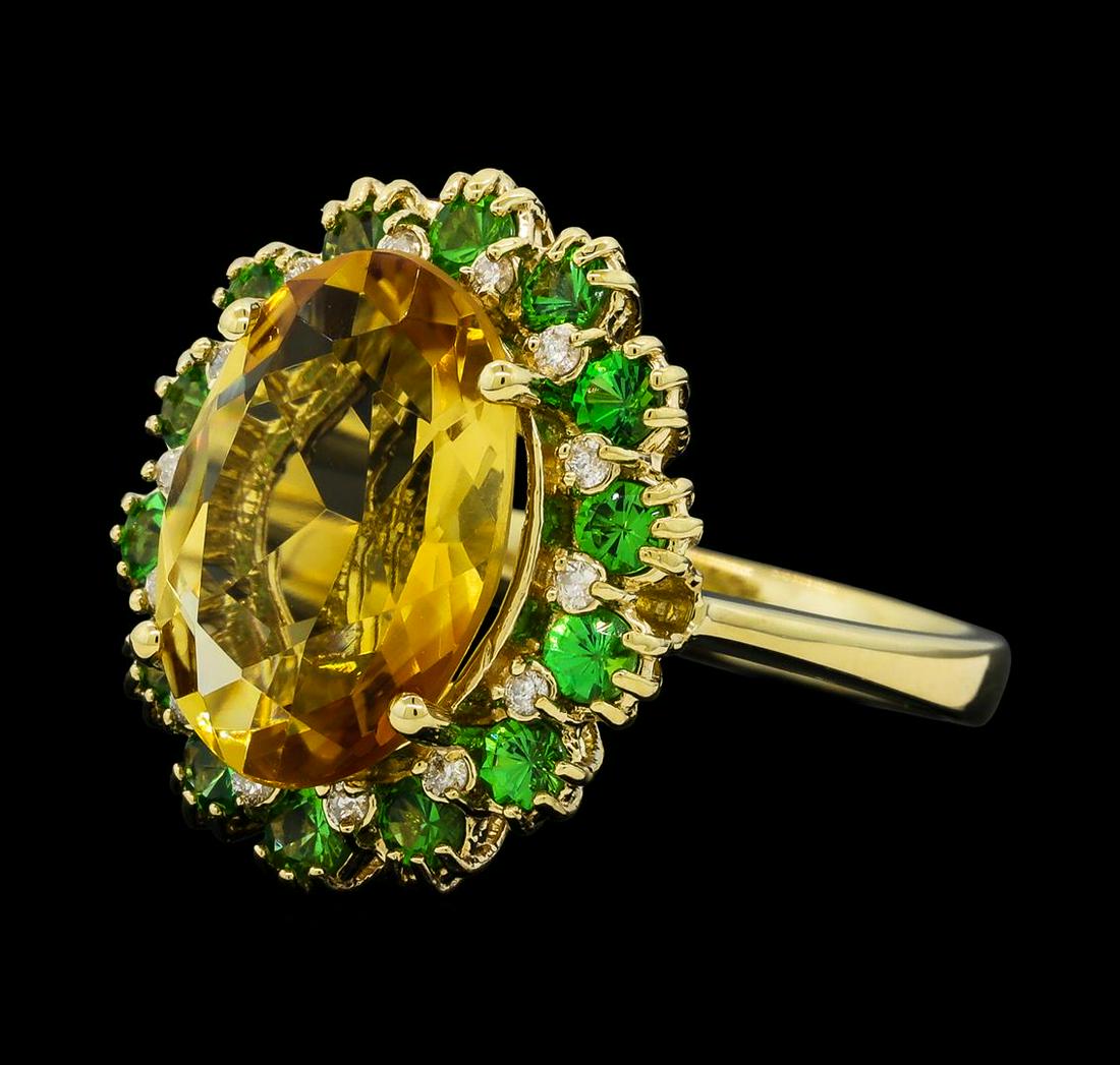 5.05 ctw Citrine Quartz, Tsavorite, and Diamond Ring -: One Citrine Quartz, Tsavorite, and Diamond Ring including: 14KT Yellow Gold weighing a total of 5.15 grams, Citrine Quartz weighing a total of 5.05ct, 14 Tsavorite stones weighing a total of 0.94ctw,