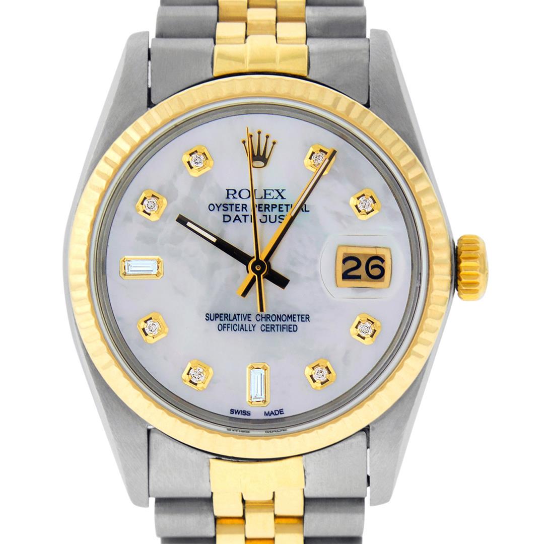 Rolex Mens 2 Tone 14K Mother Of Pearl Diamond 36MM: One Mens 14K Yellow Gold Two Tone Rolex Datejust Polished, Serviced & Electronically Tested, 14K Yellow Gold & Stainless Steel Case: 36mm, 14K Yellow Gold Crown, Bezel: 14K Yellow Gold Fluted Bezel.