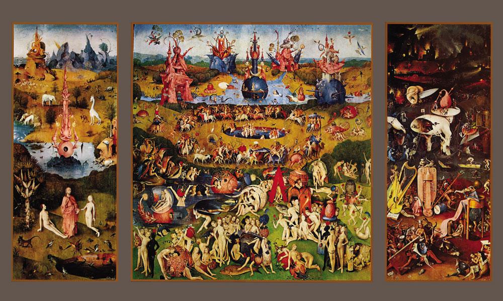 Hieronymus Bosch Garden Of Earthly Delights: Artist: Hieronymus Bosch - Title: Garden Of Earthly Delights - Medium: Fine Art Giclee on Canvas - Image Size: Approximately 12 inches x 20 inches - Framed: Unframed on Unstretched Canvas - The left p