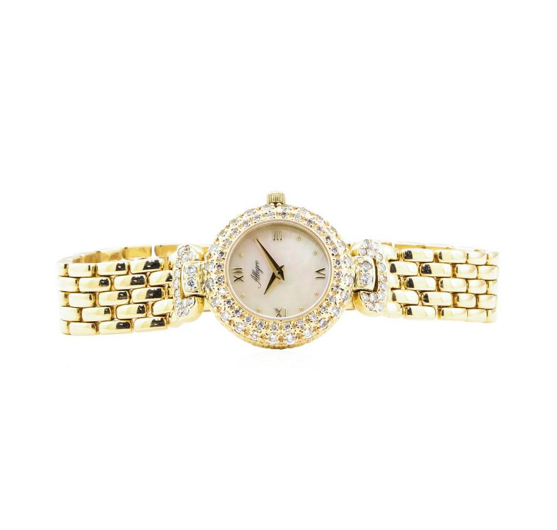 1.05 ctw Diamond-set Allegro Lady's Wrist Watch - 14KT: One lady's, hand crafted and machine milled Allegro round case wrist watch electronically tested 14KT yellow gold, Case: 22mm, Crown: pull-out, Bezel: double row diamond set, Crystal: synthetic sapphi