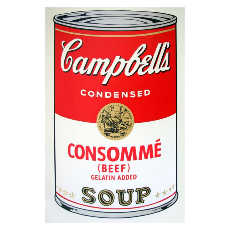 Soup Can 11.52 (Consomme) by Warhol, Andy: "Soup Can 11.52 (Consomme)" is a silk screen print on paper (open edition) from Sunday B Morning featuring the works of Andy Warhol. The piece is stamped in blue on the back with "Published by Sunday