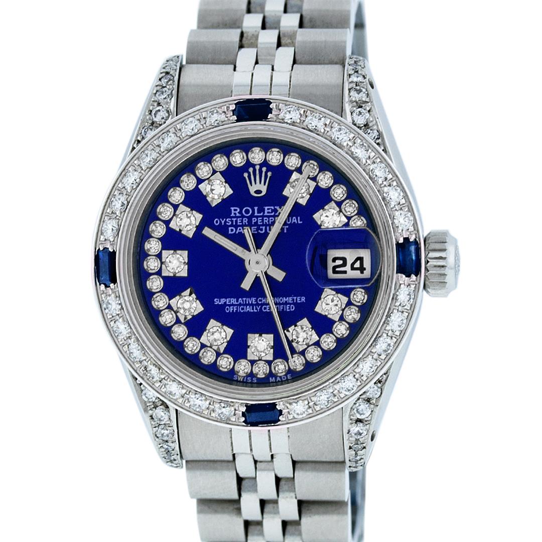 Rolex Ladies Stainless Steel Diamond Lugs Royal Blue: One Ladies Stainless Steel Rolex Datejust Polished Bright with Satin Finish, Serviced & Electronically Tested, Stainless Steel Case: 26mm, Stainless Steel Crown, Diamond Lugs: 24 Diamonds On Lugs, Cla