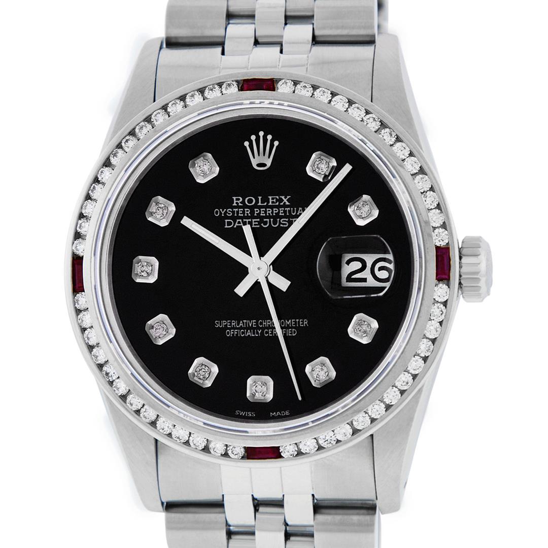 Rolex Mens SS Black Diamond & Ruby Channel Set Diamond: One Mens Stainless Steel Rolex Datejust Polished Bright with Satin Finish, This Watch Has Been Serviced & Electronically Tested, Stainless Steel Case: 36mm, Stainless Steel Crown, Custom Bezel: New 18