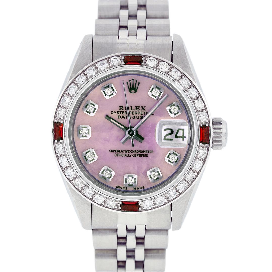 Rolex Ladies Stainless Steel Pink MOP Diamond & Ruby: One Ladies Stainless Steel Rolex Datejust Polished Bright with Satin Finish, Serviced & Electronically Tested, Stainless Steel Case: 26mm, Stainless Steel Crown, Custom Bezel: New 18K White Gold Ruby