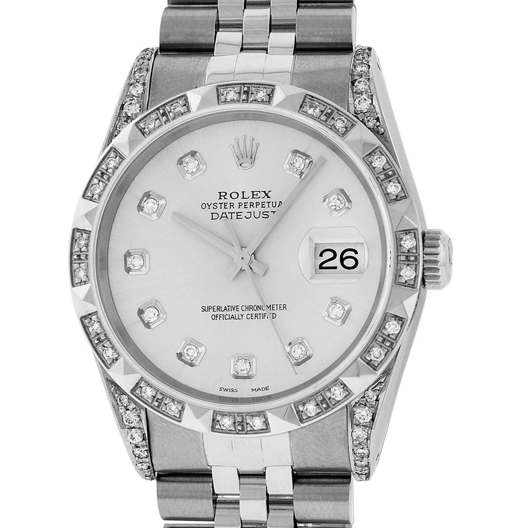 Rolex Mens Stainless Steel Diamond Lugs & Pyramid Bezel: One Mens Rolex Datejust Polished Bright with Satin Finish, Serviced & Electronically Tested, Stainless Steel Case: 36mm, Custom Diamonds On Lugs: 28 Diamonds On Lugs, Color: G to H, Clarity: SI-VS. St