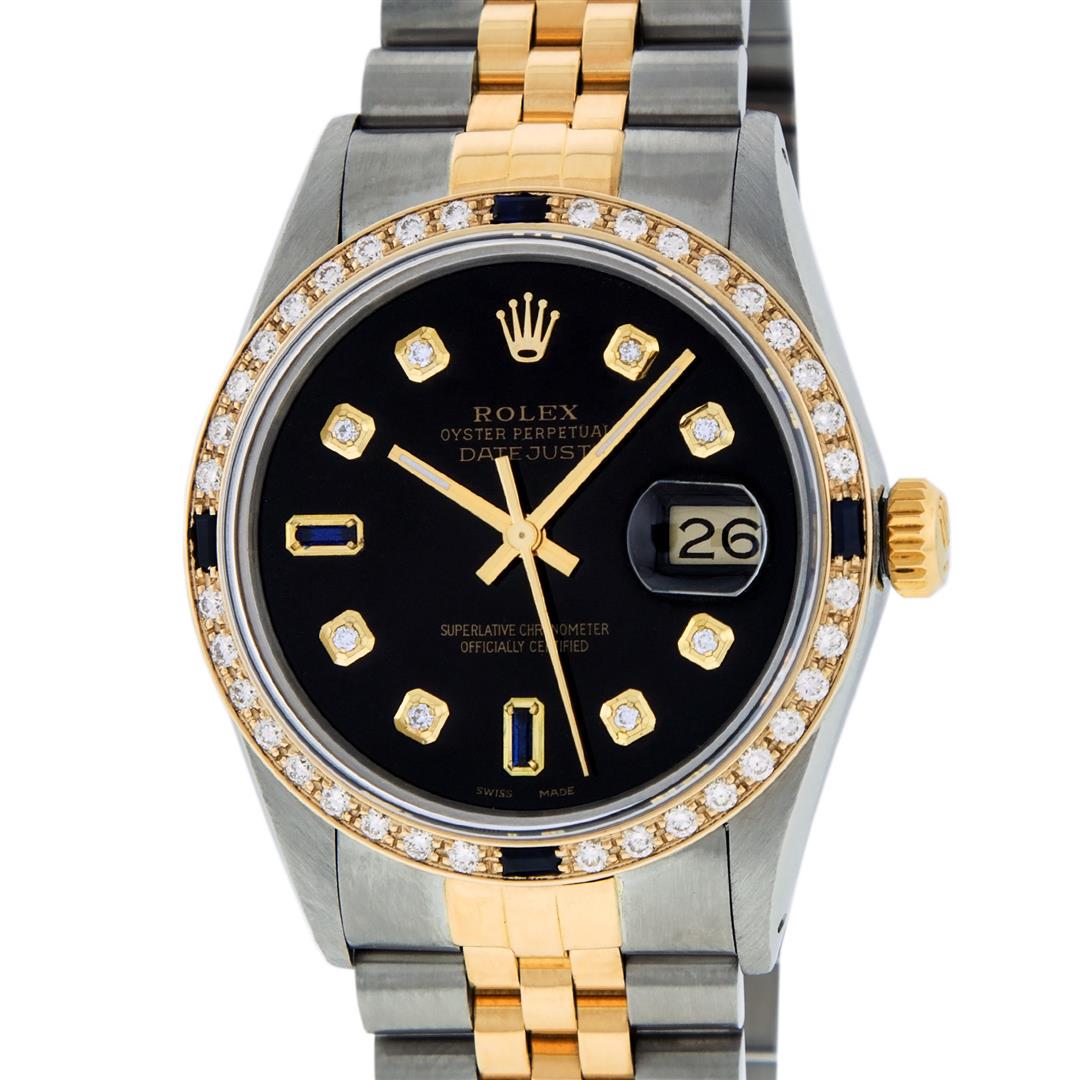 Rolex Mens 2 Tone 14K Black Diamond & Sapphire 36MM: One Mens 14K Yellow Gold Two Tone Rolex Datejust Polished, Serviced & Electronically Tested, 14K Yellow Gold & Stainless Steel Case: 36mm, 14K Yellow Gold Crown, Custom Bezel: New 18K Yellow Gold Sapp