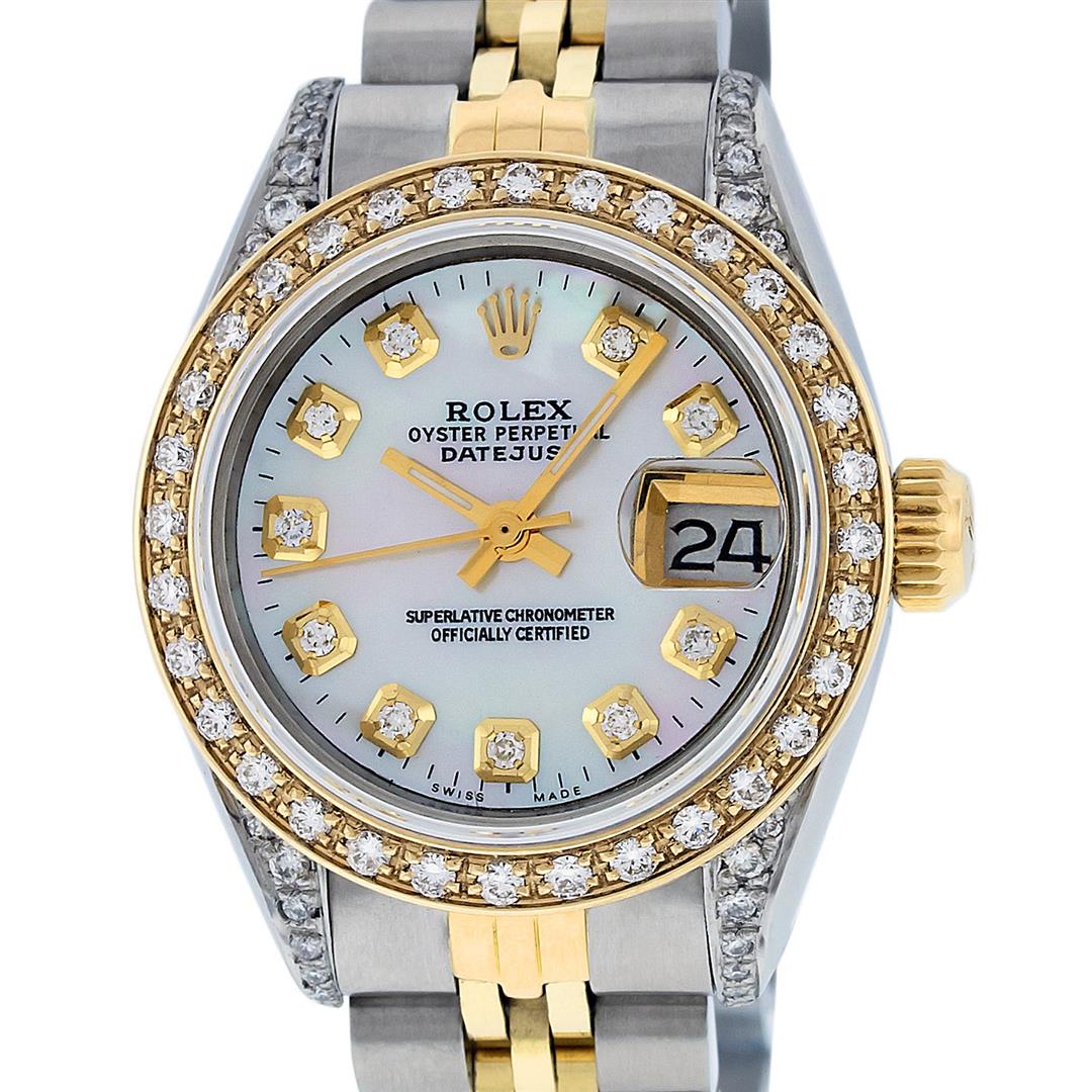 Rolex Ladies 2 Tone 18K MOP Diamond Lugs Datejust: One Ladies Quickset 18K Two Tone Rolex Datejust Polished, Serviced & Electronically Tested, 18K Yellow Gold & Stainless Steel Case: 26mm, 18K Yellow Gold Crown, Diamond Lugs: 24 Diamonds On Lugs, Clar