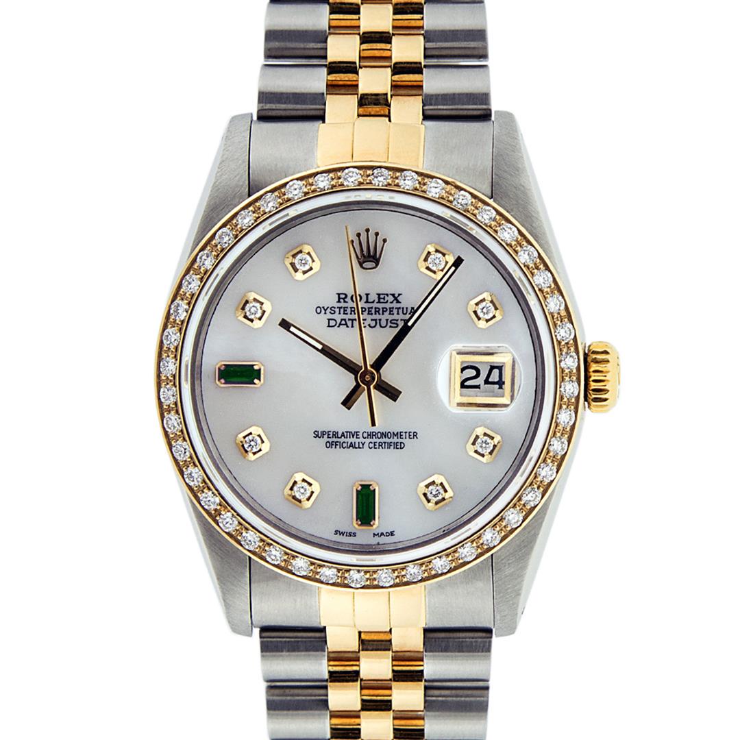 Rolex Mens 2 Tone 14K Mother Of Pearl Diamond 36MM: One Mens 14K Yellow Gold Two Tone Rolex Datejust Polished, Serviced & Electronically Tested, 14K Yellow Gold & Stainless Steel Case: 36mm, 14K Yellow Gold Crown, Custom Bezel: New 18K Yellow Gold Bead