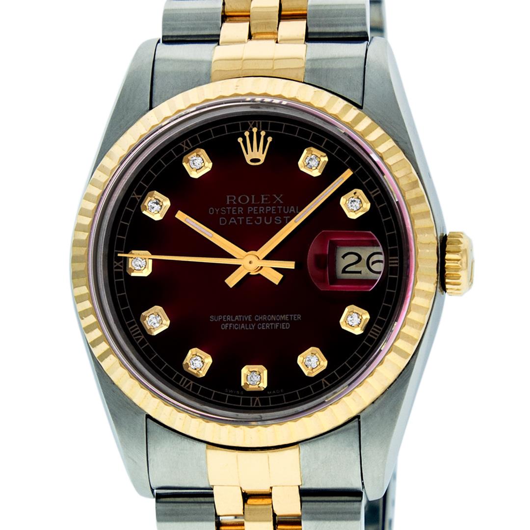 Rolex Mens 2 Tone 14K Red Vignette Diamond 36MM: One Mens 14K Yellow Gold Two Tone Rolex Datejust Polished, Serviced & Electronically Tested, 14K Yellow Gold & Stainless Steel Case: 36mm, 14K Yellow Gold Crown, Bezel: 14K Yellow Gold Fluted Bezel.
