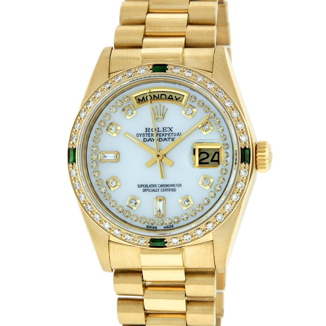 Rolex Mens 18K Yellow Gold MOP String Diamond & Emerald: One Mens Rolex Day Date 18K Yellow Gold President Polished, Serviced & Electronically Tested, 18K Yellow Gold Case: 36mm, 18K Yellow Gold Crown, Custom Bezel: New 18K Yellow Gold Beadset + Emerald Dia