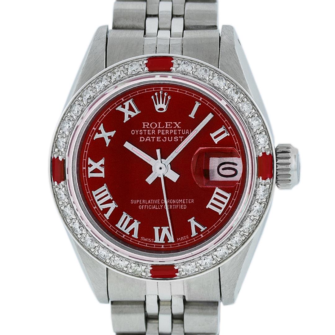 Rolex Ladies Stainless Steel Red Diamond & Ruby: One Ladies Stainless Steel Rolex Datejust Polished Bright with Satin Finish, Serviced & Electronically Tested, Stainless Steel Case: 26mm, Stainless Steel Crown, Custom Bezel: New 18K White Gold Ruby