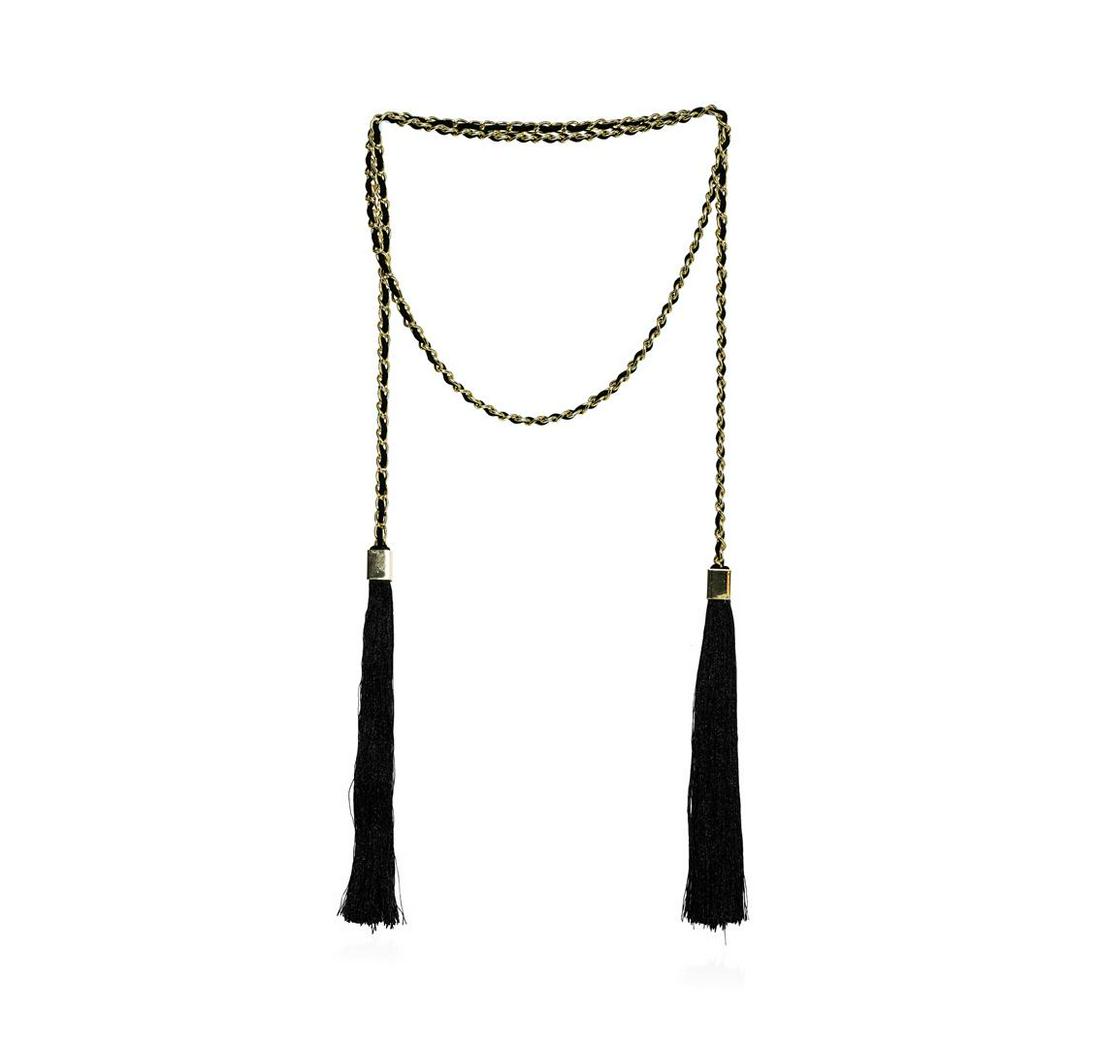 Double Silk Tassel Braided Necklace - Gold Plated: High end designer jewelry. Double Silk Tassel Braided Necklace - Gold Plated. Gold Plated Metal/ Suede. Black/ Gold. 46/7.5inches. Total Weight: 96.7 grams.