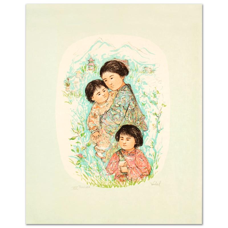 Leaving the Garden by Hibel (1917-2014): "Leaving the Garden" is a limited edition lithograph on paper, numbered and hand signed by Edna Hibel. Includes Certificate of Authenticity! Measures approx. 17.5" x 22" (with border), 11" x 15" (imag