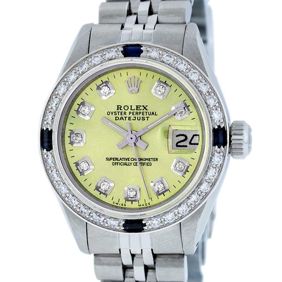 Rolex Ladies Stainless Steel Yellow Diamond & Sapphire: One Ladies Stainless Steel Rolex Datejust Polished Bright with Satin Finish, Serviced & Electronically Tested, Stainless Steel Case: 26mm, Stainless Steel Crown, Custom Bezel: New 18K White Gold Sapph