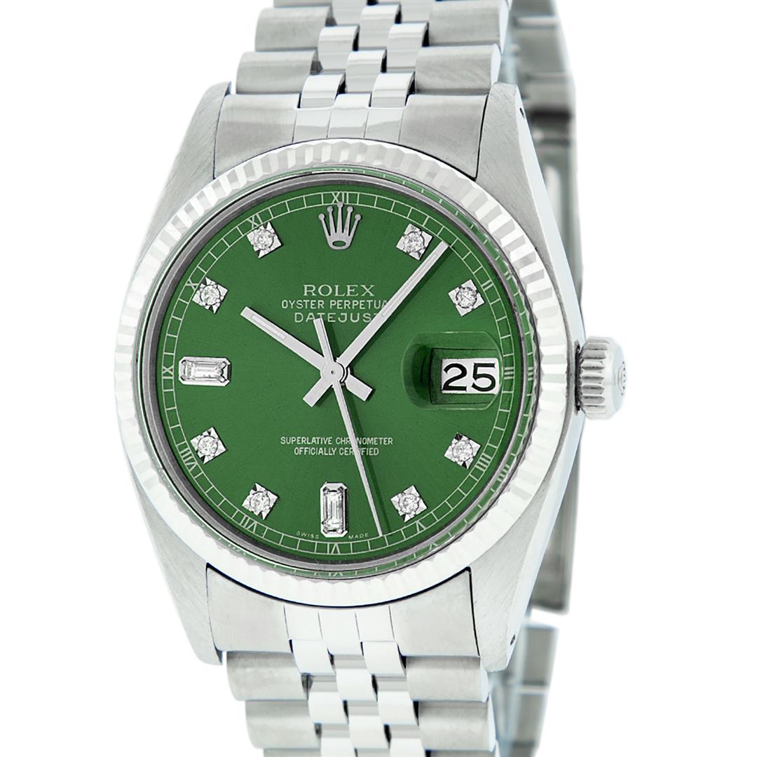 Rolex Mens Stainless Green Diamond 36MM Datejust: One Mens Rolex Stainless Steel Rolex Datejust Polished Bright with Satin Finish, This Watch Has Been Serviced & Electronically Tested, Stainless Steel Case: 36mm, Stainless Steel Crown, Bezel: 14K Whi