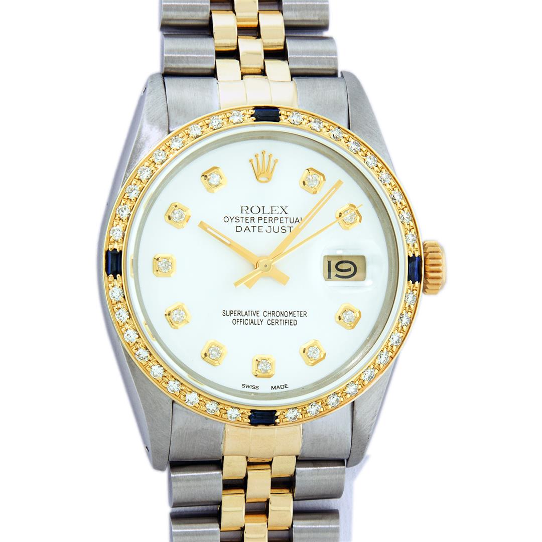 Rolex Mens 2 Tone 14K White Diamond & Sapphire Datejust: One Mens 14K Yellow Gold Two Tone Rolex Datejust Polished, Serviced & Electronically Tested, 14K Yellow Gold & Stainless Steel Case: 36mm, 14K Yellow Gold Crown, Custom Bezel: New 18K Yellow Gold Sapp