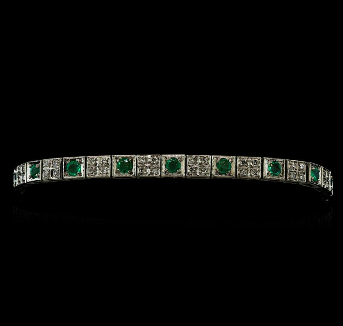 1.53 ctw Emerald and Diamond Bracelet - 14KT White Gold: One electronically tested 14KT white gold ladies cast & assembled emerald and diamond bracelet. Six and three-quarter inch wearable length bracelet features a flexible ribbon of alternating emerald an