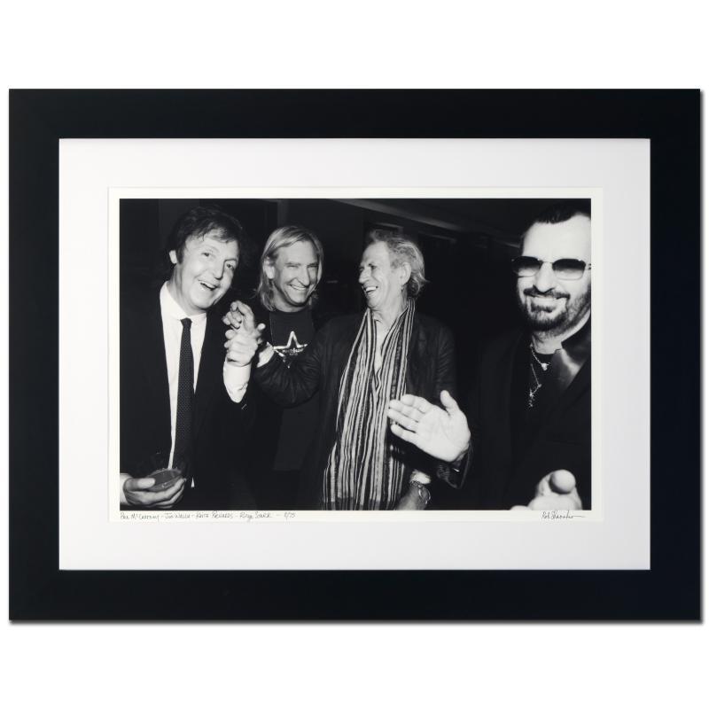 Paul McCartney, Joe Walsh, Keith Richards & Ringo Starr: "Paul McCartney, Joe Walsh, Keith Richards & Ringo Starr" is a limited edition giclee on paper, numbered and hand signed by acclaimed music industry photographer Rob Shanahan. This piece comes custom 
