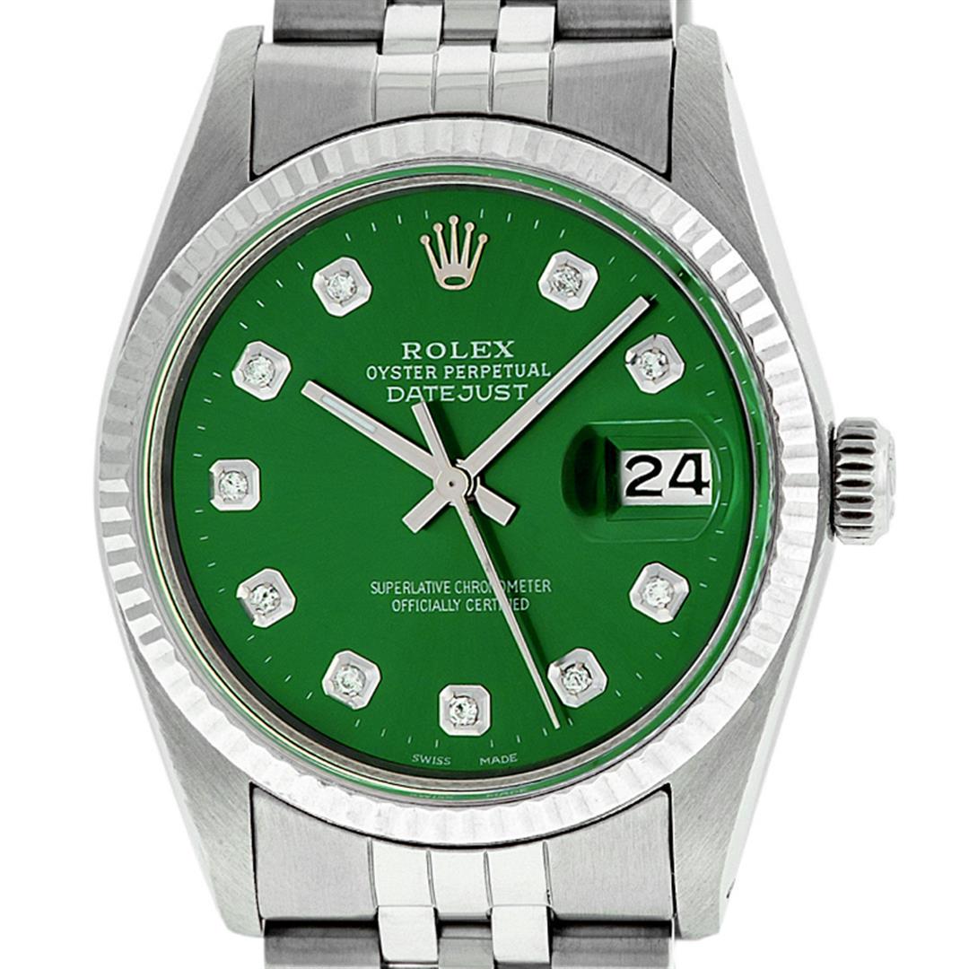 Rolex Mens Stainless Steel Green Diamond 36MM Datejust: One Mens Stainless Steel Rolex Datejust Polished Bright with Satin Finish, This Watch Has Been Serviced & Electronically Tested, Stainless Steel Case: 36mm, Stainless Steel Crown, Bezel: 14K White Gol