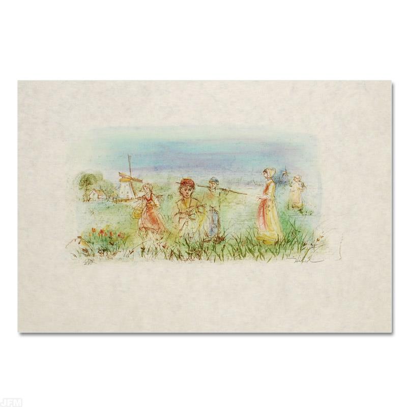Dutch Landscape by Hibel (1917-2014): "Dutch Landscape" is a limited edition lithograph on paper, numbered and hand signed by Edna Hibel (1917-2014). Includes Certificate of Authenticity! Measures approx. 26" x 20" (with border), 16" x 8"