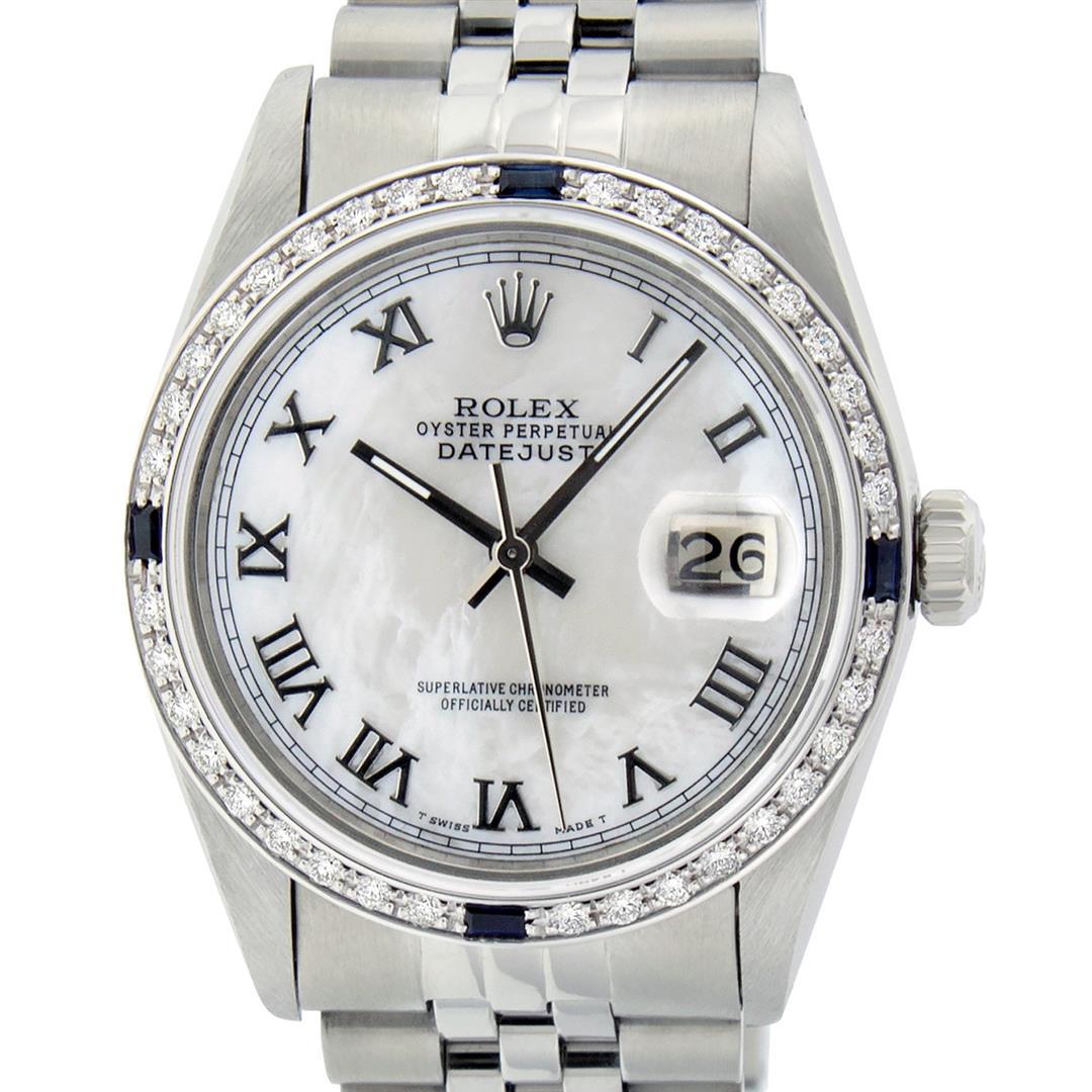 Rolex Mens Stainless Steel Silver MOP Roman 36MM: One Mens Stainless Steel Rolex Datejust Polished Bright with Satin Finish, This Watch Has Been Serviced & Electronically Tested, Stainless Steel Case: 36mm, Stainless Steel Crown, Custom Bezel: New 18