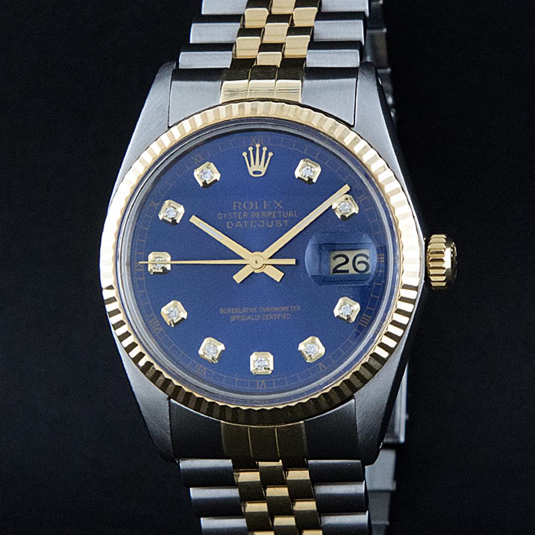 Rolex Mens 2 Tone 14K Blue Diamond 36MM Datejust: One Mens 14K Yellow Gold Two Tone Rolex Datejust Polished, Serviced & Electronically Tested, 14K Yellow Gold & Stainless Steel Case: 36mm, 14K Yellow Gold Crown, Bezel: 14K Yellow Gold Fluted Bezel.