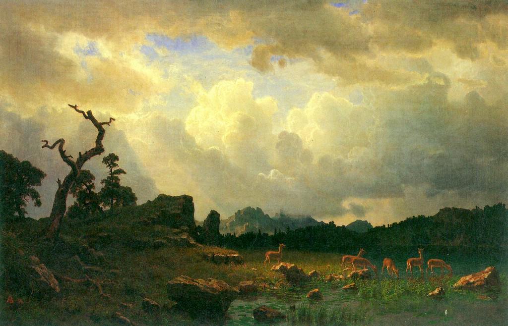 Thunderstorms in the Rocky Mountains by Albert: Artist: Albert Bierstadt - Title: Thunderstorms in the Rocky Mountainsl - Medium: Fine Art Giclee on Canvas - Image Size: Approximately 12.75 inches x 20 inches - Framed: Unframed on Unstretched Canva