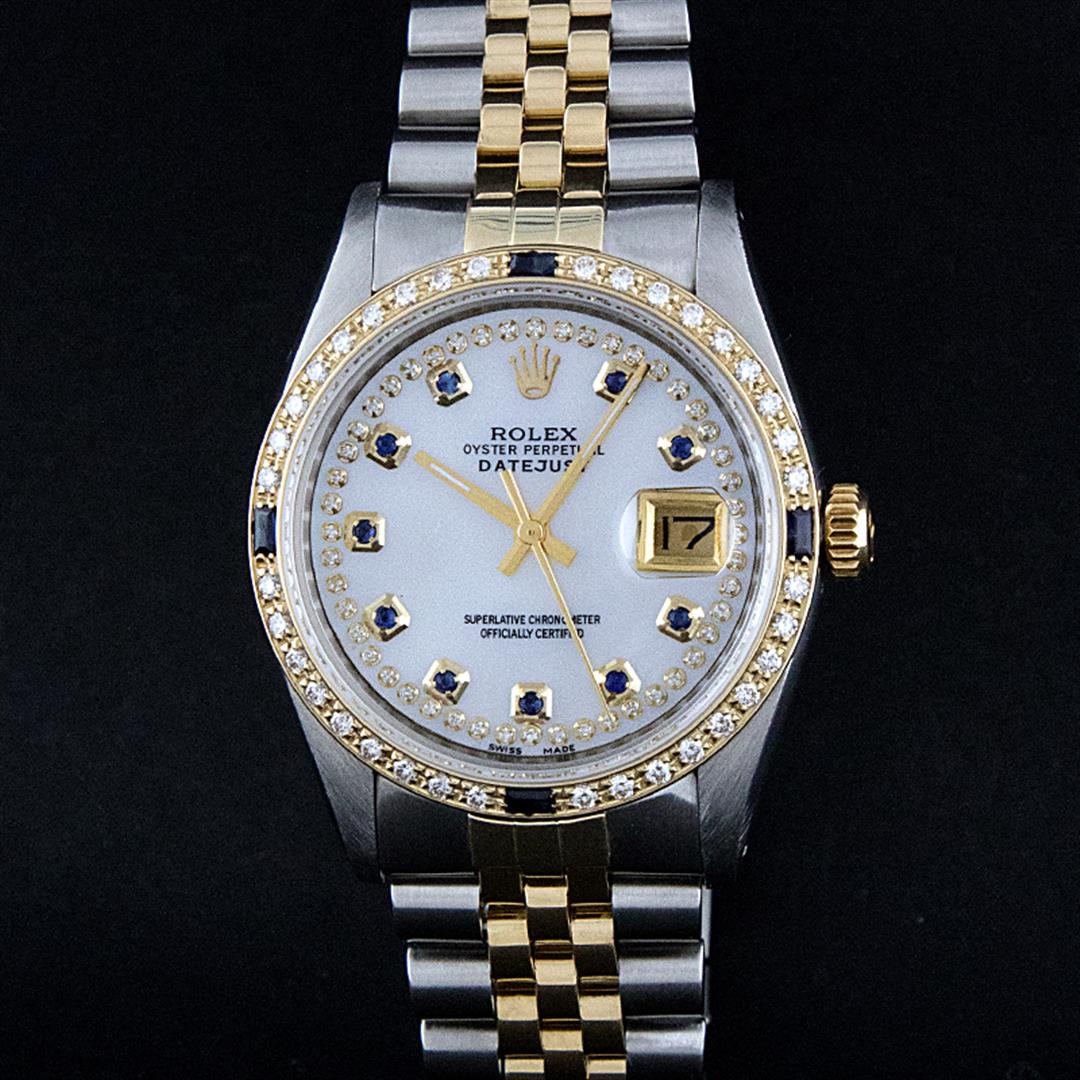 Rolex Mens 2 Tone 14K Mother Of Pearl Diamond &: One Mens 14K Yellow Gold Two Tone Rolex Datejust Polished, Serviced & Electronically Tested, 14K Yellow Gold & Stainless Steel Case: 36mm, 14K Yellow Gold Crown, Custom Bezel: New 18K Yellow Gold Sapp