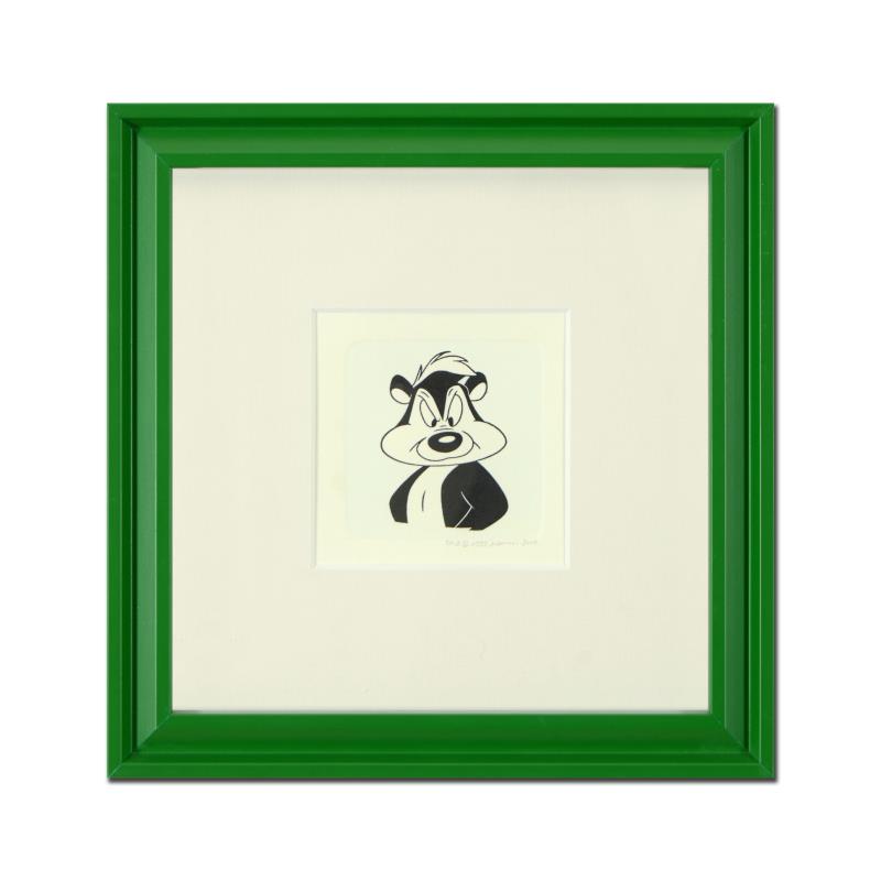 Pepe Le Pew by Looney Tunes: "Pepe Le Pew" is a limited edition etching on paper with hand-tinted coloring from Warner Bros, numbered and dated 1999. This piece comes framed. Measures approx. 9" x 9" (with frame), 2" x 2.5" (imag