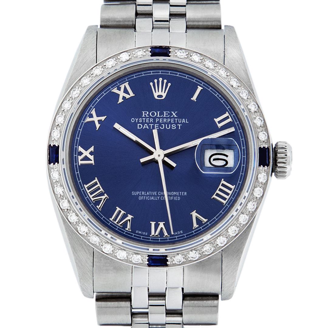 Rolex Mens Stainless Steel Blue Roman Diamond &: One Mens Stainless Steel Rolex Datejust Polished Bright with Satin Finish, This Watch Has Been Serviced & Electronically Tested, Stainless Steel Case: 36mm, Stainless Steel Crown, Custom Bezel: New 18
