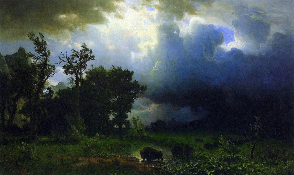 Before the Storm by Albert Bierstadt: Artist: Albert Bierstadt - Title: Before the Storm - Medium: Fine Art Giclee on Canvas - Image Size: Approximately 12 inches x 20 inches - Framed: Unframed on Unstretched Canvas - Biography: Bierstadt